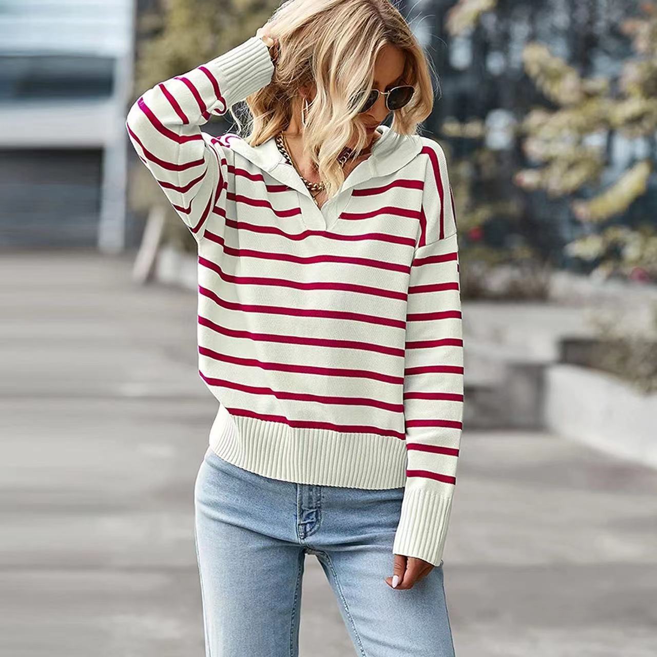 New Style Women's Casual Collar Striped Knitted Sweater Autumn Fashion Casual Loose Thick Harajuku Streetwear Knitwear