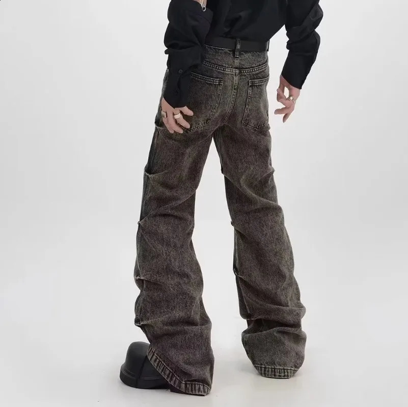 Vintage Pleated n Jeans Men Women Grey Distressed Wide Leg Pants American Style High Street Straight Baggy Korean Trousers 241105