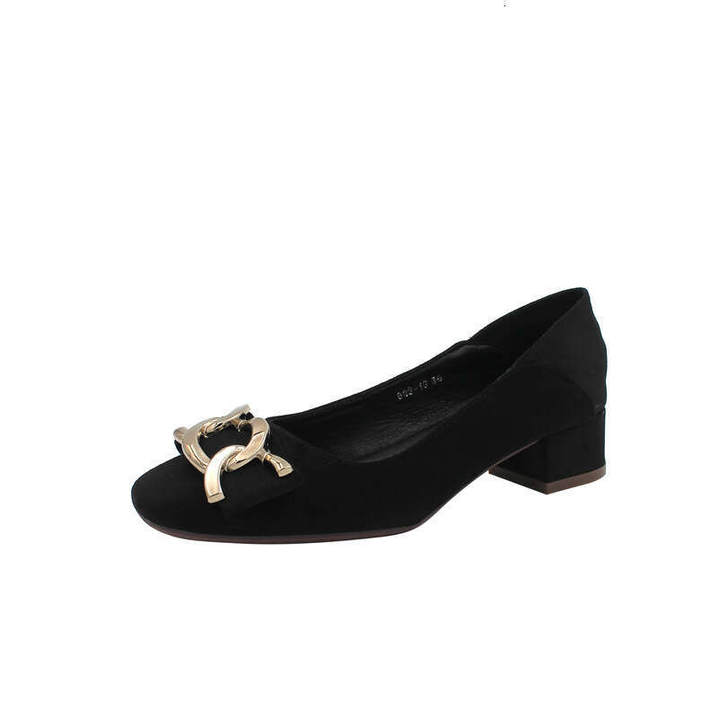 2023 Spring/Summer New Korean Edition Suede Fashion Square Head Low Order Metal Decoration Shallow Mouth Comfortable Daily Women's Shoes