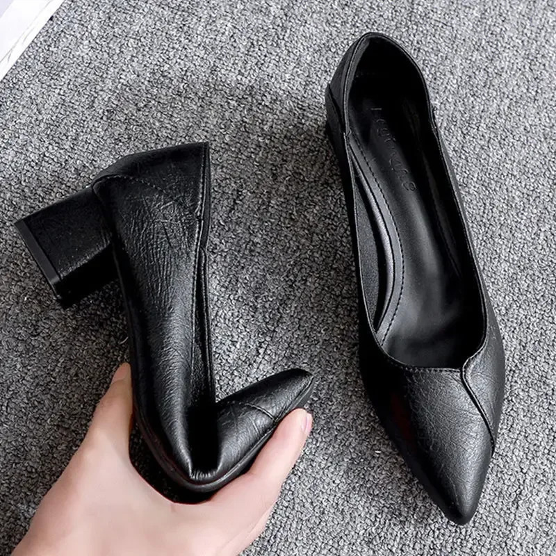 Womens Air Stewardess High Heels Thick Heel Versatile Sexy Single Shoes Professional Work Black Small Leather 241104