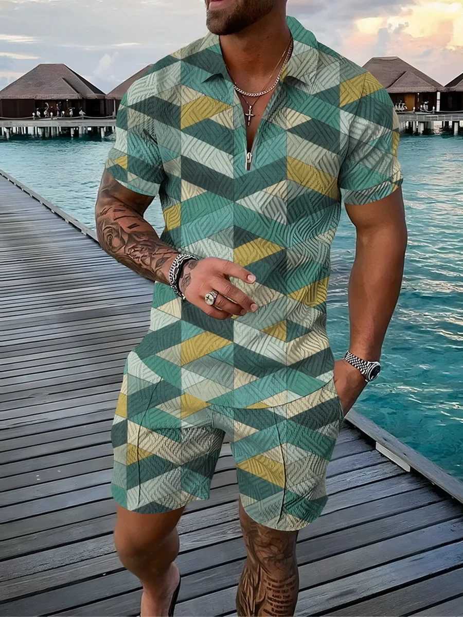 Mens shirt set 3D color geometric print summer sportswear 2-piece set popular zipper shirt+beach shorts W241104