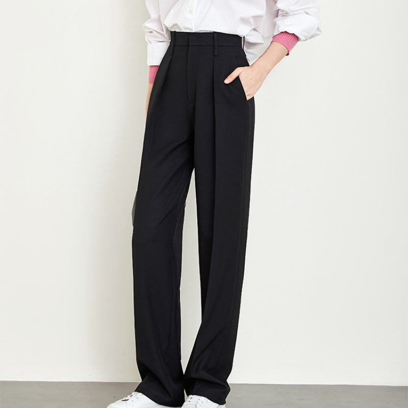 Autumn And Winter Women's Tailored Fashion Simple Senior Commuter Loose Straight Trousers Casual Wide-Legged Pants