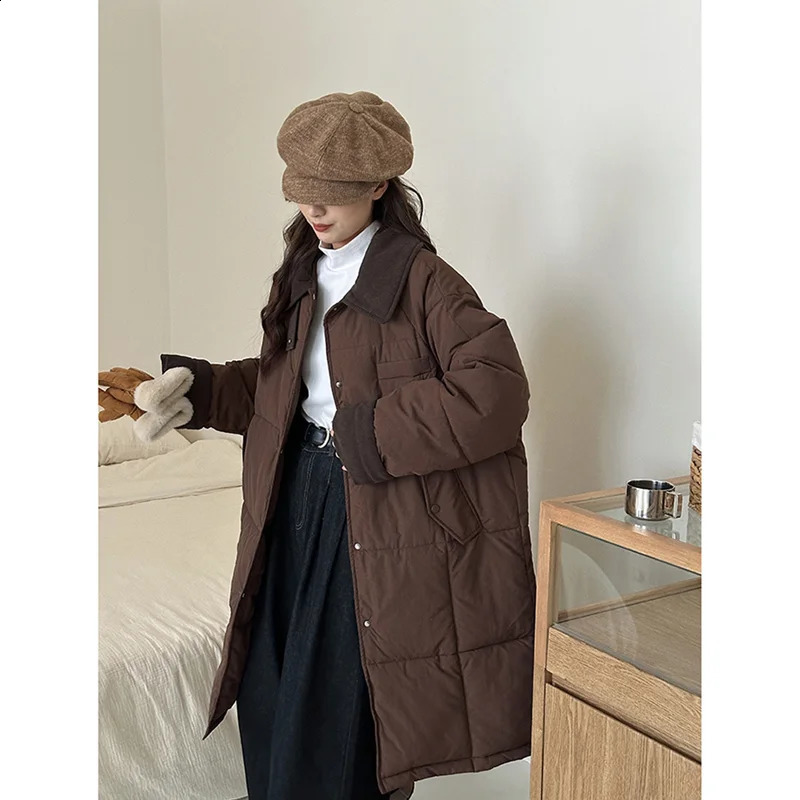 Winter Womens Down Puffer Jackets Baggy Thickening Warm Corduroy Collar Clothing Boutique Clothes Cotton Medium and Long Coats 241105