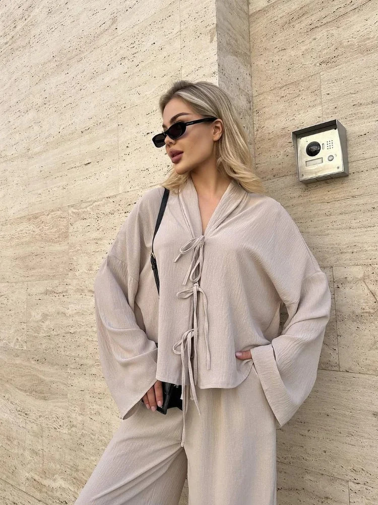 Women Cotton Line Pants Set Long Sleeve Lace Up Hollow Out V-neck Tops Wide Leg Trousers Suit 2024 Casual Lady Loose Outfits 241105