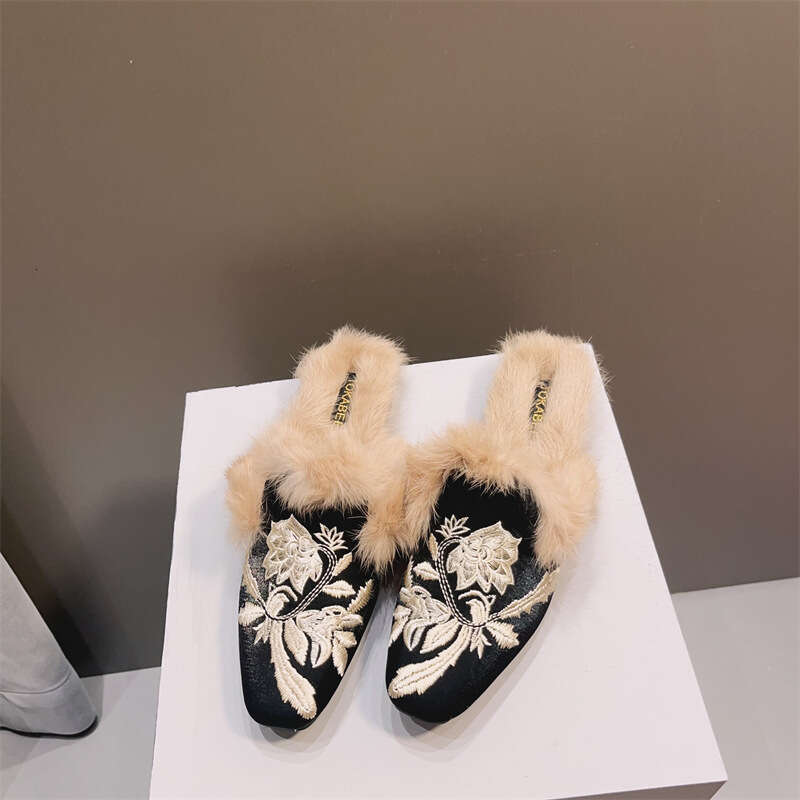 Korean Version Autumn Winter Simple Square Flat Bottom Hairy Shoes For Women With Soft Soles Plush Insulation, Featuring A Socialite Style Embroidered