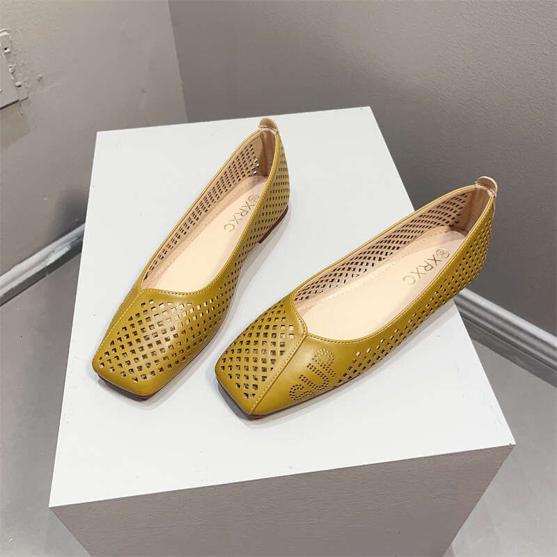 Wind Hollow Square Toe Flat Single Summer Korean Version New Versatile Soft Sole Scoop Shoes Breathable Hole Sandals For Women
