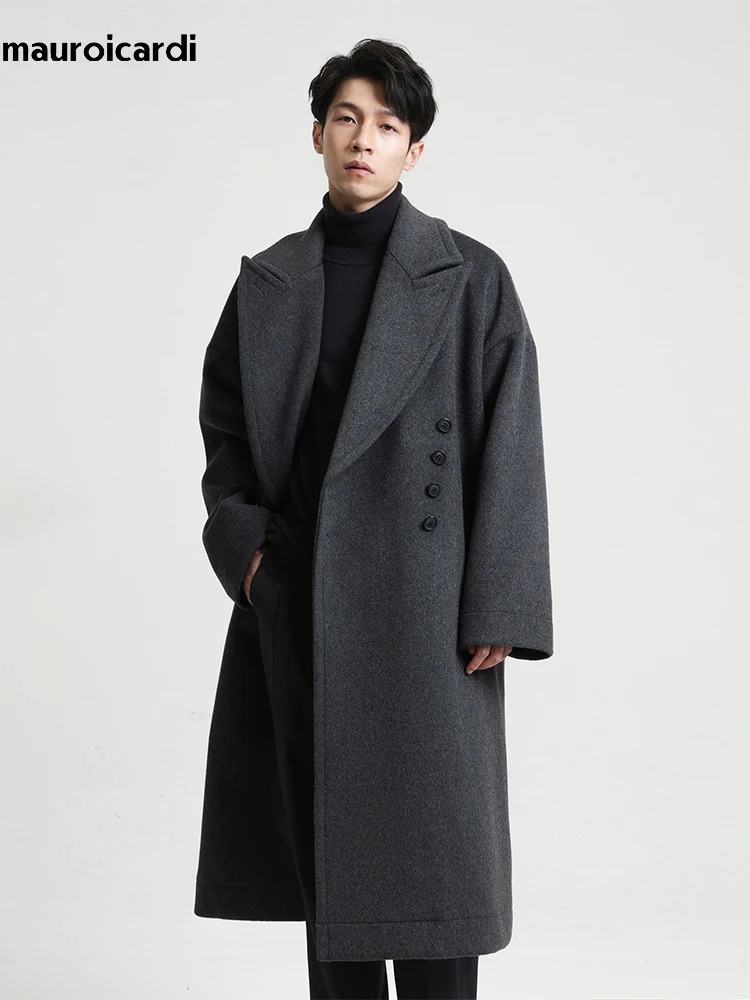 Mauroicardi Autumn Winter Long Oversized Casual Soft Warm Dark Grey Woolen Coats Men Loose Stylish er Clothes 241104