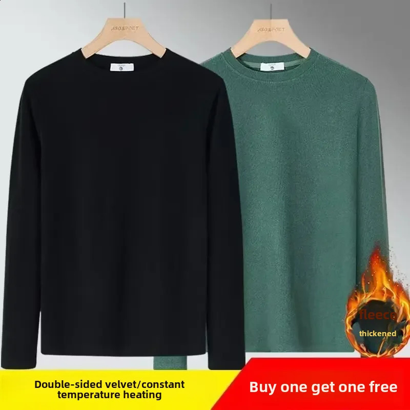 Winter Fleece Mens Long Sleeve Tshirt Trendy Round Neck Solid Color Warm Base Layer Casual Inner Top Wear 241105