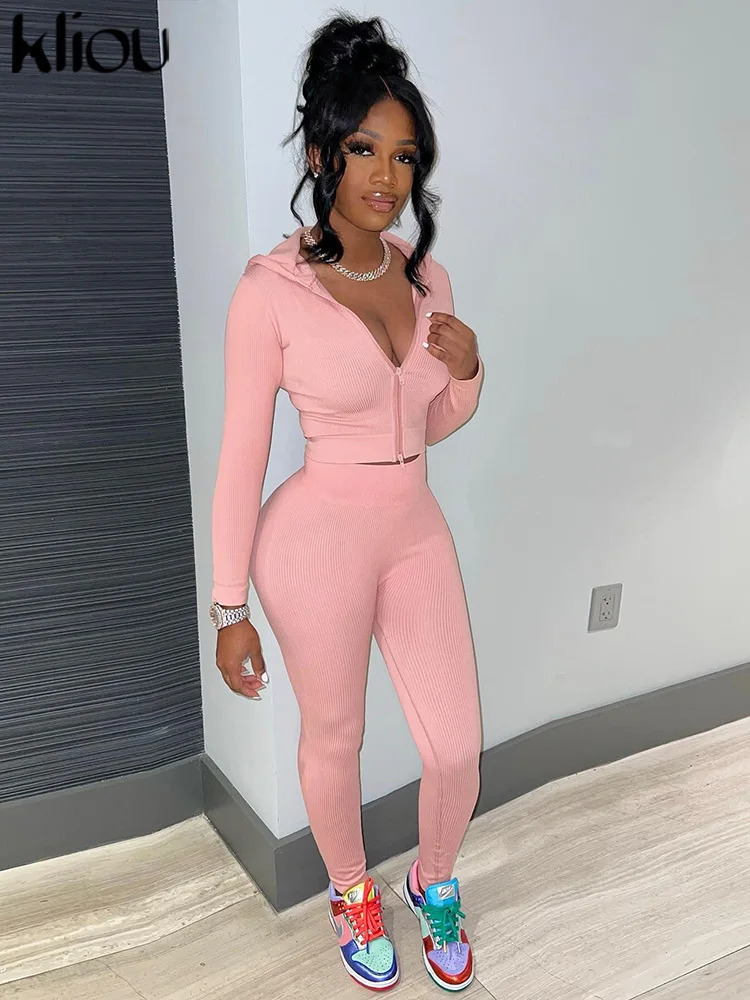 kliou Basic Concise Two Piece Set Women Casual Hooded Zip-up Slim TopsMatching Solid Pants Female Autumn Coordinate Outfits 241104