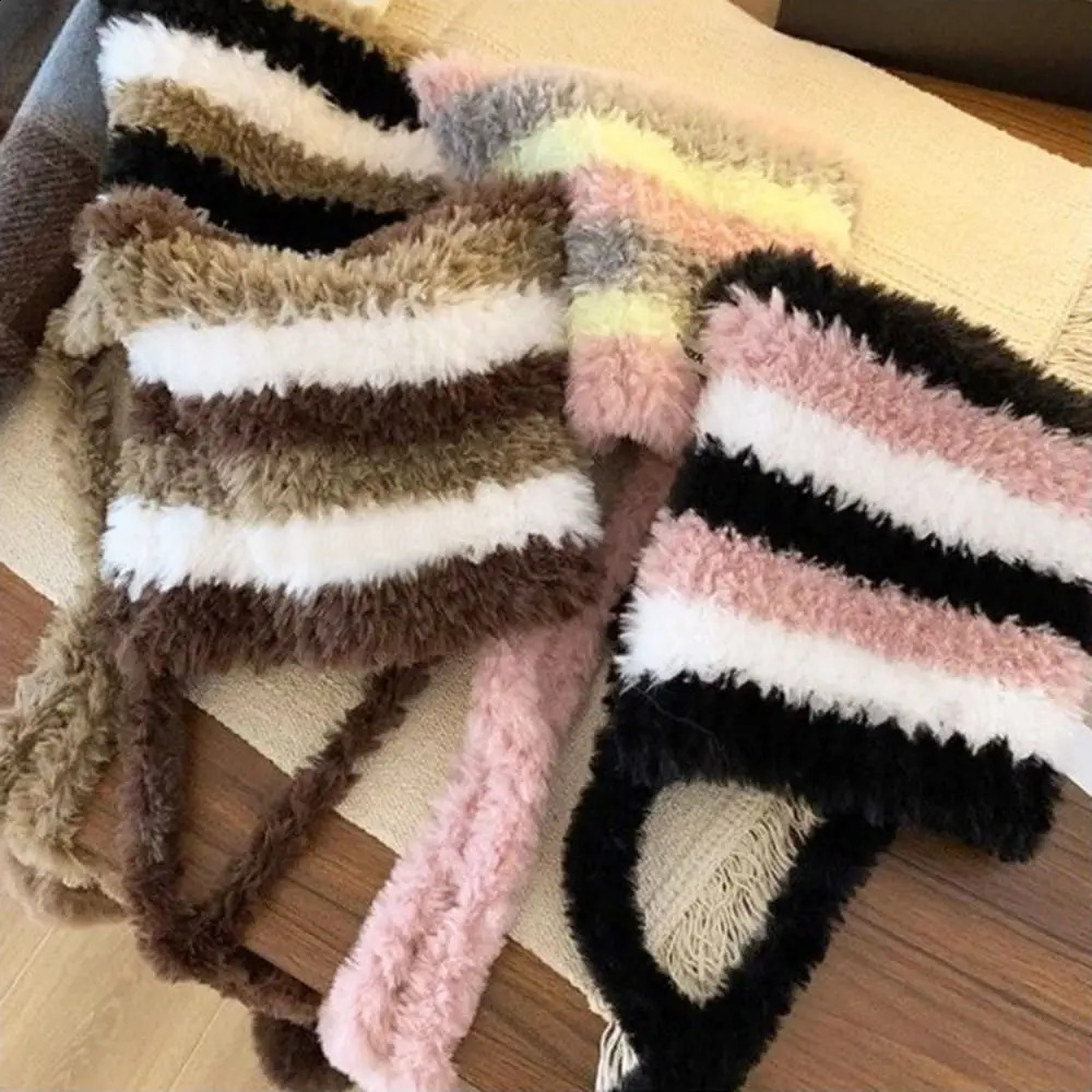 Cute Cat Ear Women Knitted Hat Thick Warm Contrast Stripe Winter Beanies Cap Windproof Protection Pullover 241105