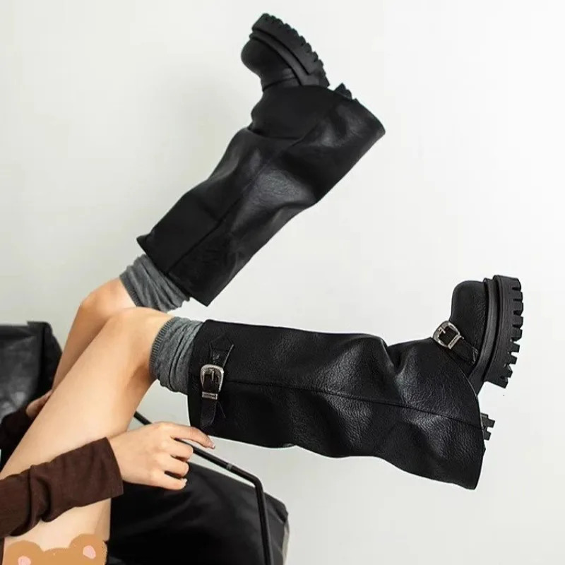 2024 Brand Ladies Shoes Slip-on Women's Boots Fashion Belt Buckle Modern Boots Women Winter Round Toe Platform Knee-High Boots