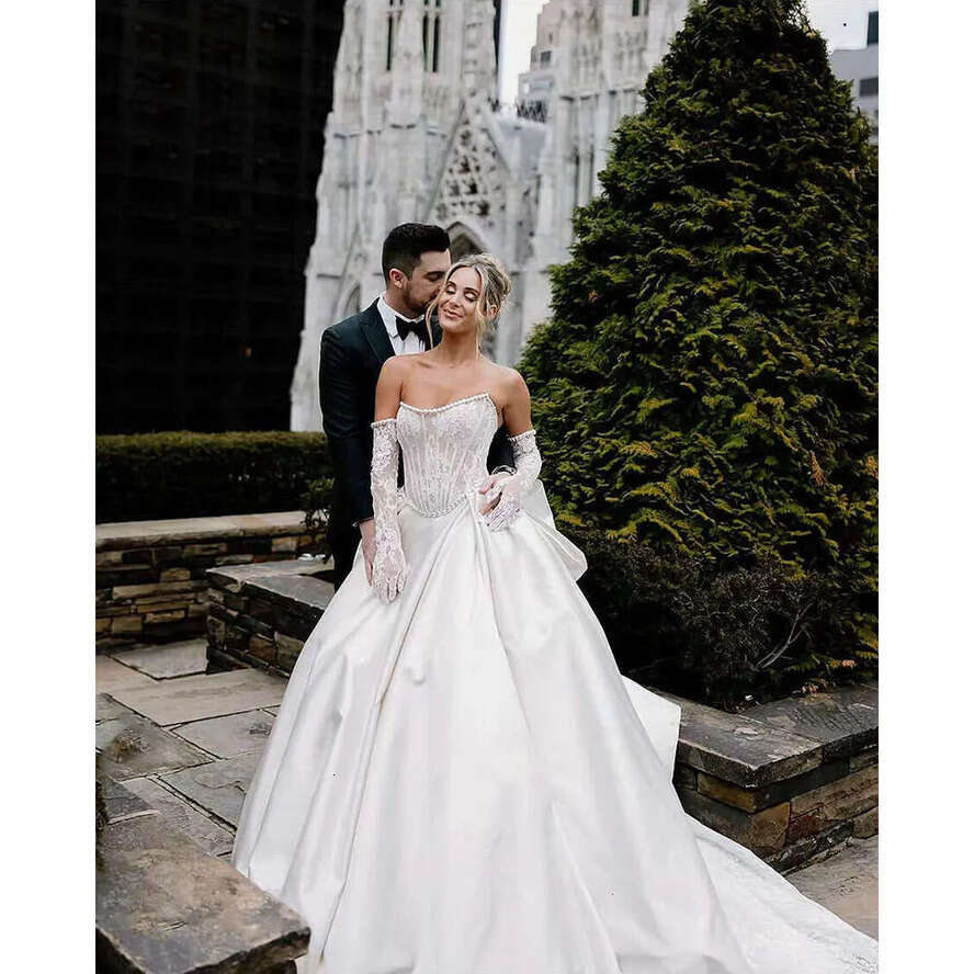 E Elegant A Wedding Dress Strapless Detachable Sleeve Lace Applique Bridal Gown Robe Saudi Arabic Vestidos De Novia Pplique Rabic