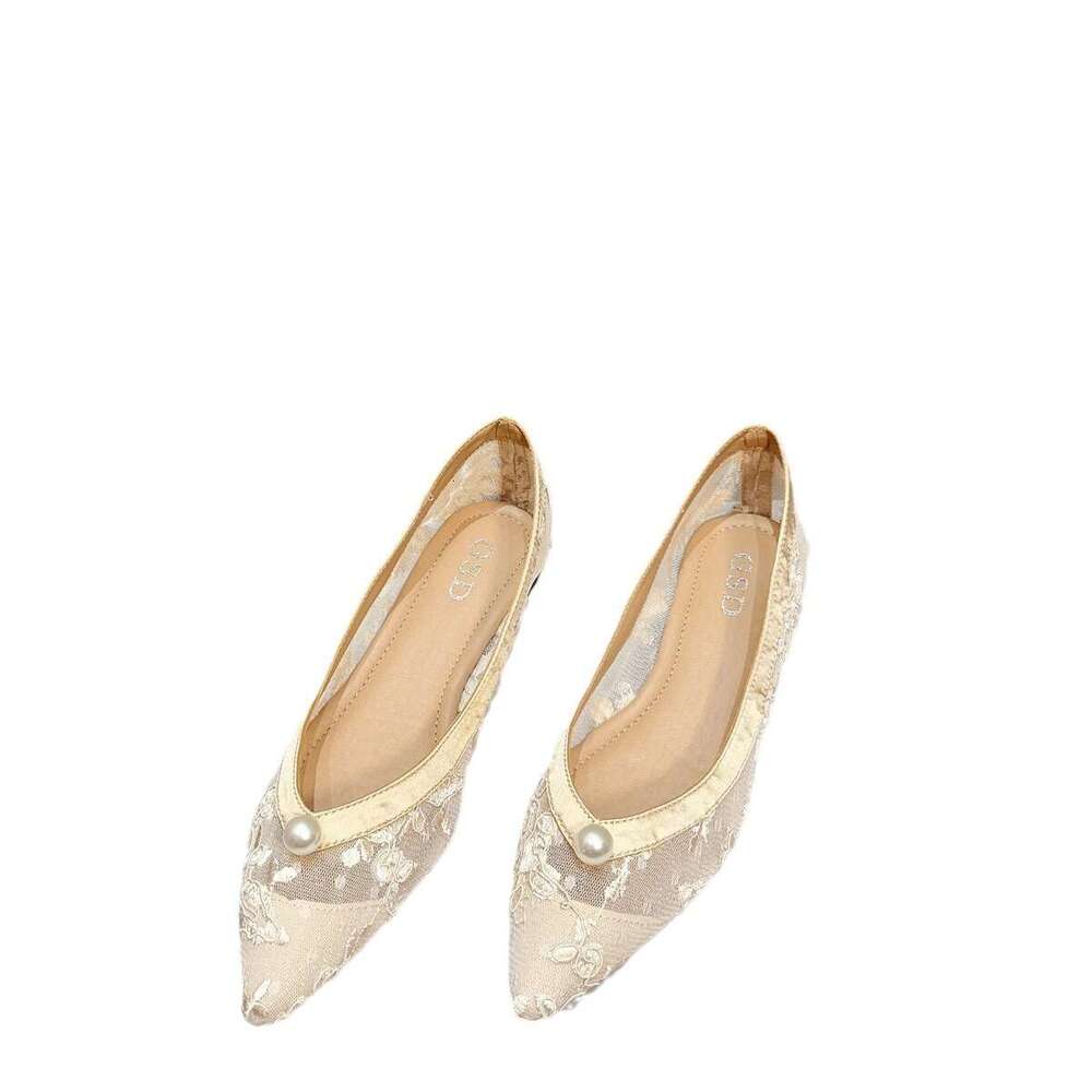 Korean Version Summer New Sandals Pointed Breathable Pearl Flat Fairy Style Versatile Shallow Mouth Single Shoes With Skirts