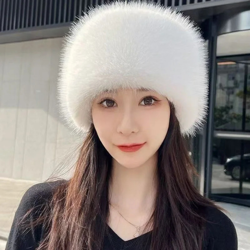 1pc Winter Warm Fur Plush Hats Ear Protection Thick Womens Fashion Bucket Hat For Skiing Faux Fox Mongolian 241105