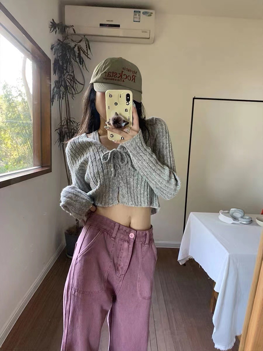 Autumn New Korean Version V Neck Pit Stripe Knitted Sweater Short Slim Fit Design Lace Up Long Sleeved Top For Women F1105#28