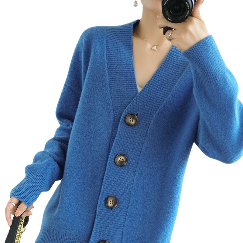 Autumn And Winter New Solid Color V Neck Knitted Cardigan For Women Lazy Style Loose Large Size Simple Sweater Coat Outer Top F1105#42