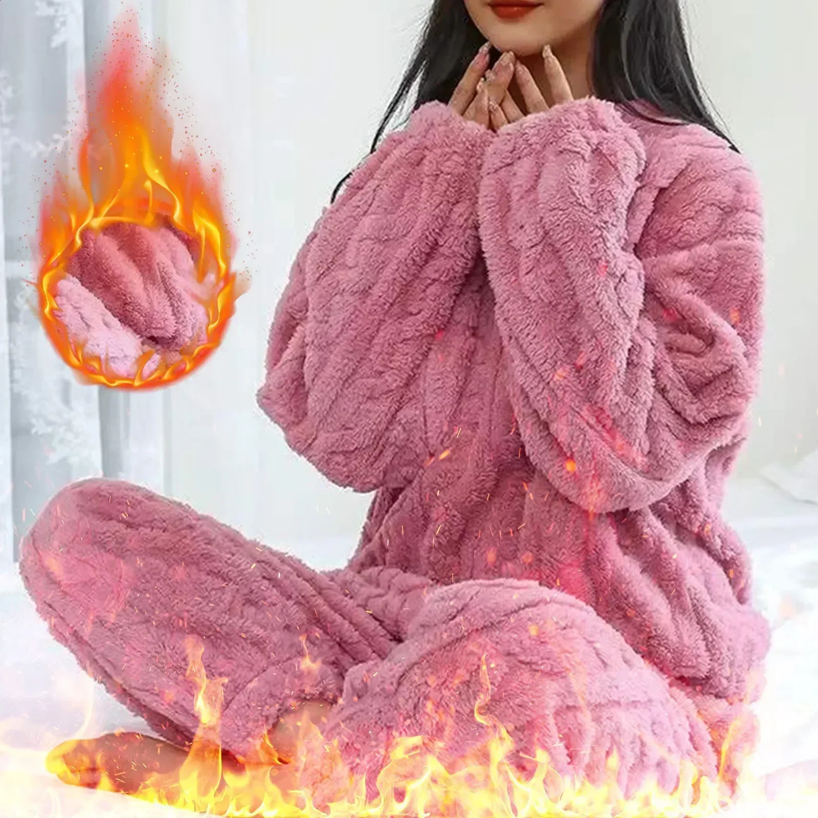 2 Sleepwear Women Piece Suit Fleece Pajamas Night Warm Home Solid Fluffy Velvet Set Piiama Pant Wear Winter Casual O-neck 241105
