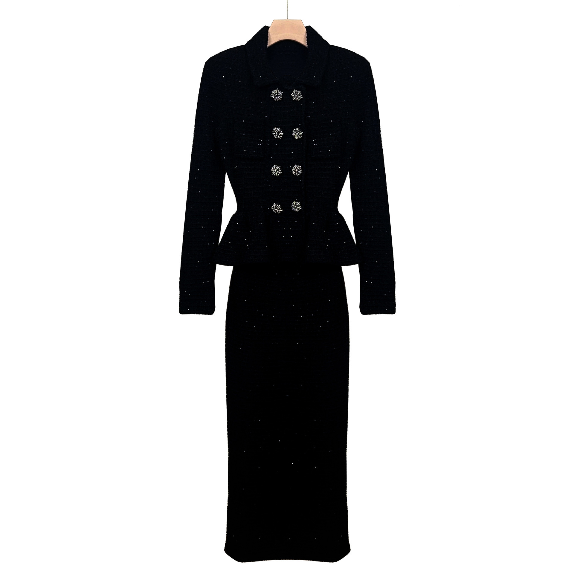 Quality Double Breasted Dia Sequin Knitting Evening Dress Women Long Sleeve Peplum Midi Party Dresses Black Knitwear