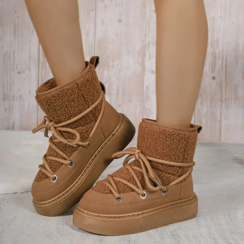 Women's Thick-Soled Cross-Strap Women Winter Round Toe Ck Plush Mid Heel Water Proof Casual Warm Snow Boots