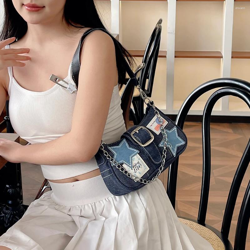 2025 NEW Drawstring Women Fashion Shoulder Bag Stars Pattern Denim Chain Underarm Adjustable Strap Vintage Handbag Girls Outdoor Daily zhanyishengli