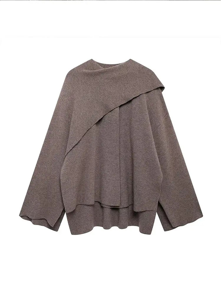 Fashion Woman Scarf Shawl Collar Long Sleeve Loose Coat Versatile Solid Color Casual Pullover Fall Street Outerwear 241105