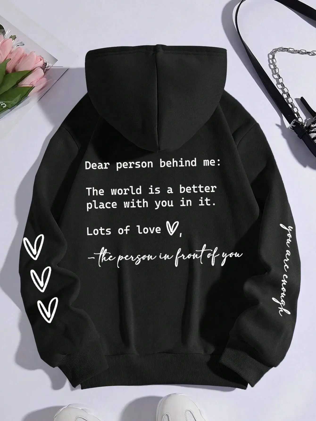 Dear Person Behind Me Letter Graphic Print Hoody Womens Fashion Soft Sweatshirt Autumn Warm Flce Hooded Casual Loose TopsLX241104