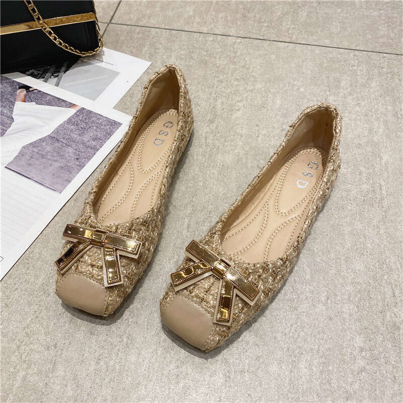 Single Shoe Metal Buckle Square Toe Ladies 2023 Spring New Style Shallow Mouth Temperament Daily Four Seasons Bottomed Flat Heel Women's Shoes