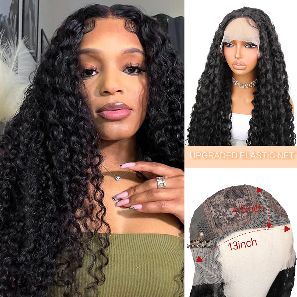 13x4.5 T Lace Brazilian Water Wave 180 Density Curly Wigs 32 Inch Coloured Pre Plucked Lace Front Wigs Deep Wave Synthetic Frontal Wig For Black Women
