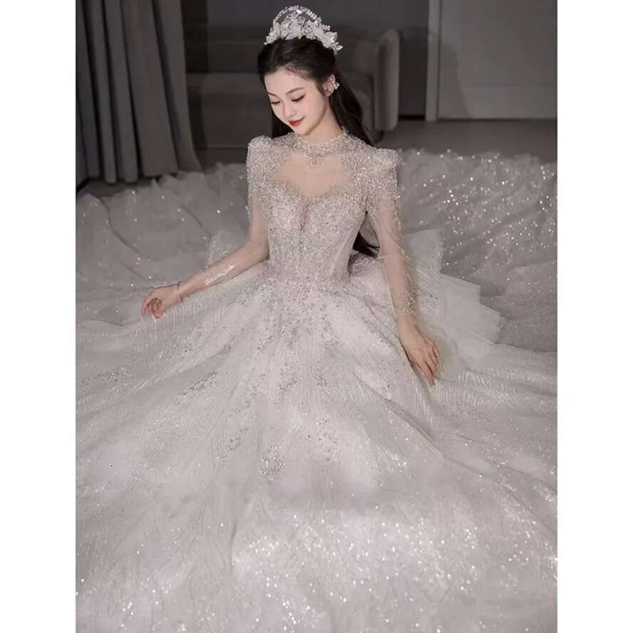 Wedding A E Dresses Shiny Long Sleeve Lace Appl Plus Size Bridal Party Gowns Robe Marriage Court Train Vestidos De Noiva Formal Bride Wed Dress