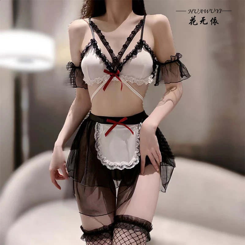 Sexy Crotchless Blue Lingerie Women Lace Hollow Bodysuit Erotic Pajamas Teddy Babydoll Dress Deep V Open Bra Porn Underwear Set 241105