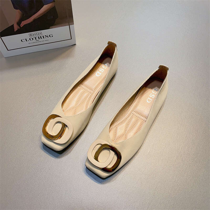 French Style Scoop Shallow Mouth Single Shoes, Women's Korean Version, Spring And Summer New Item, Metal Buckle, Gentle Style, Flat Bottomed Squa