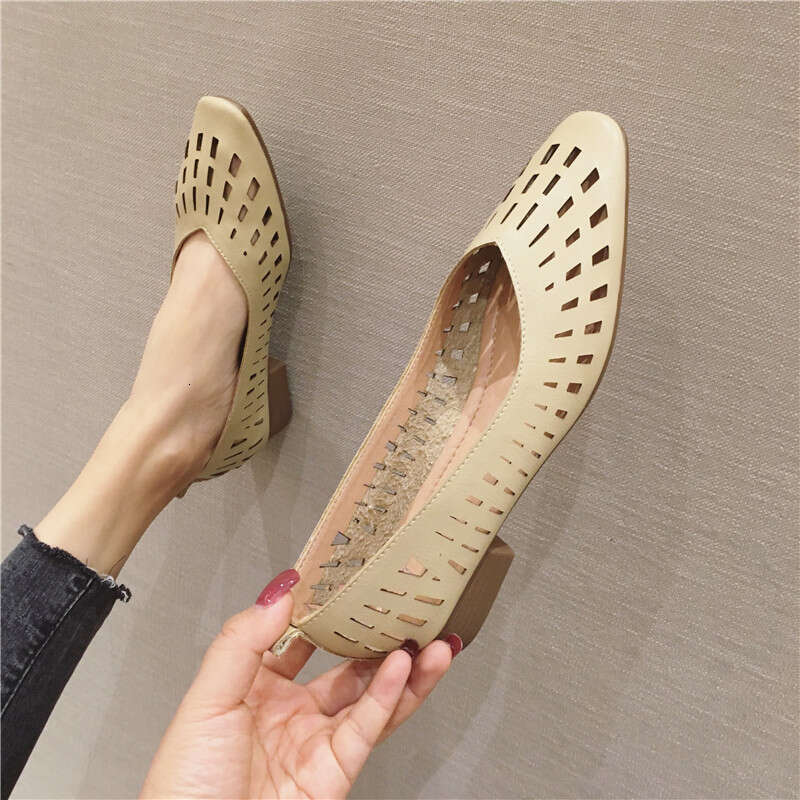 Korean Version Versatile Hollow Breathable Soft Sole Grandma Flat Bottom Low Order Scoop Women's Bean Shoes