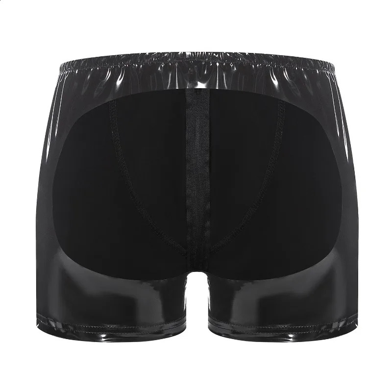 Sexy Zipper Boxer Man Underwear PVC Faux Leather Briefs Gay Rear hollow Shorts Black Wetlook Male Performance Underpants 241105