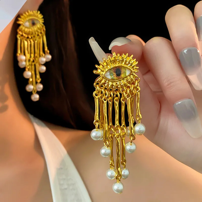 HUANZHI Eye Pearl Long Tassel Drop Earring Y2K Vintage Gold Color Pendant Jewelry For Women Trendy 241105
