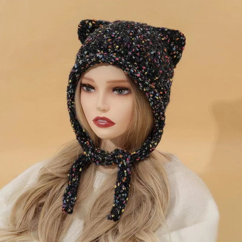 Cute Knitted Cat Ear Hat Y2K Fashion Crochet Protector Wool Cap Women Winter Warm Pullover Girl Wrap Head Bonnet Beanies 241105