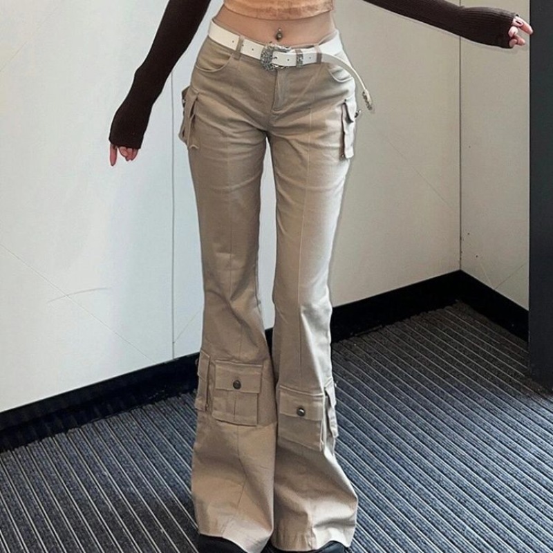 QWEEK Y2k Cargo Flare Jeans Woman Vintage Haruku Office Lady Pocket Denim Pants America Retro Street Fashion Trousers 2024