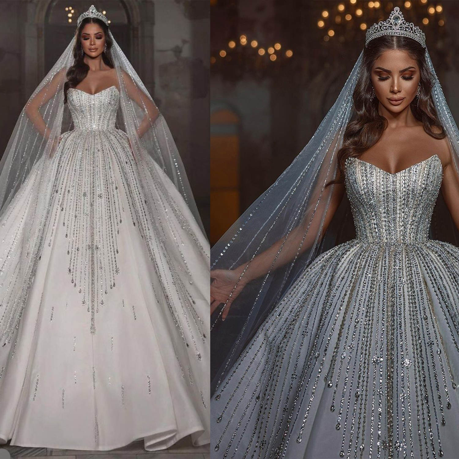 Gorgeous Ball Gown Wedding Dress Sequins Crystal Deaded Strapless Bride Gowns Customized Long Sleeve Sweep Train Bridal Dresses