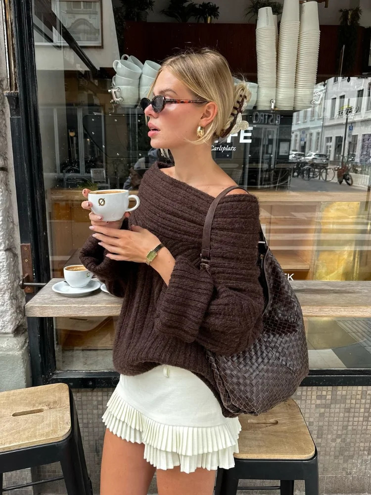 Women Sexy Solid One Neck Ribbed Sweater Fashion Off Shoulder Long Sleeve Knitted Pullover 2024 Autumn Lady Chic Street Knitwear 241105