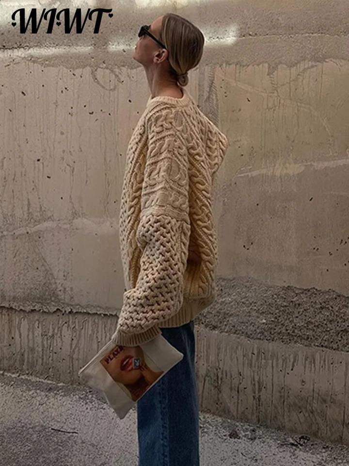 Oversized Knit Twist Pullovers Women Loose Lazy O-Neck Long Sleeve Solid Sweaters 2024 Autumn Female Casual Street Knitwear 241105