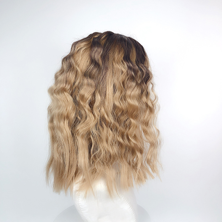 Fashion black wig gradient brown medium long hair corn perm water ripple wig