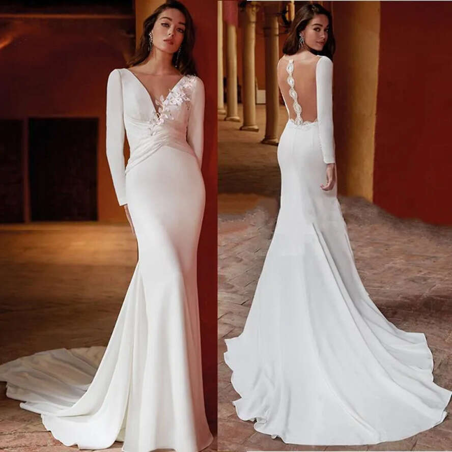 Mermaid Wedding Simple Dresses Deep V Neck Long Sleeve Satin Bridal Gowns Illusion Back Or Length Ral Applique Bride Dress Ves De Novia Custom Made