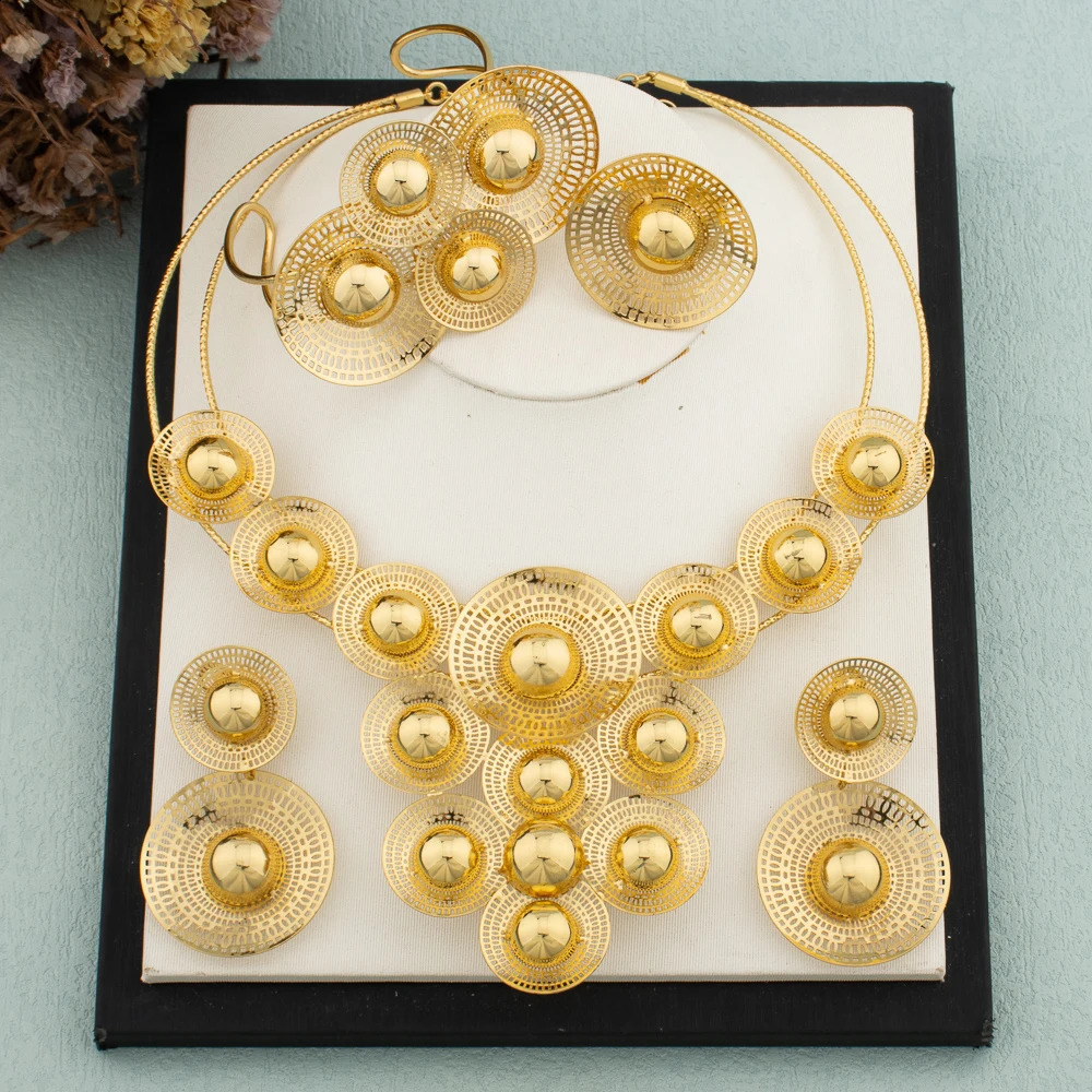 Big Woman Jewelry Set Dubai Gold Plated Earrings Necklace Copper Multiple Small Circle Flower Bride Bangle Rings Gift 241105