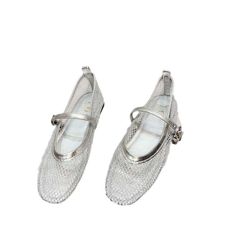 French Silver Mary Jane Shoes Women's Korean Version New Summer Flat Sole Single Shoe Shallow Mouth Mesh With Skirt Hollow Sandals