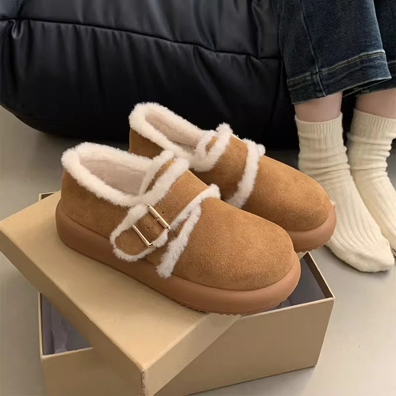 Matte Leather Thick Soled Brown Velvet Boken Shoes, Autumn And Winter Snow Shoes, Snow Boots, Cotton Shoes For Women, Wearing Fur Shoes On The Outside