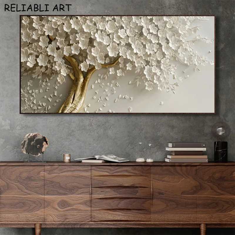 Golden White Flower Tree Poster and Prints Abstract Canvas Painting Wall Art Pictures for Living Room Home Decor No FrameXJ241104