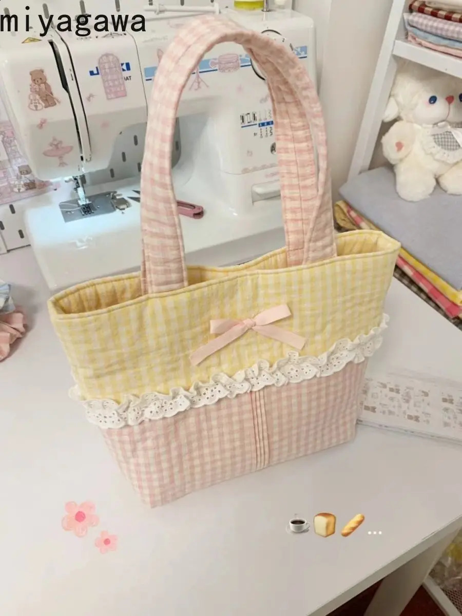 Miyagawa Spring Mini Yellow Grid Colorful Lace Cute Handbag Korean Fashion Shoulder and Lower Arm Handbag 241105
