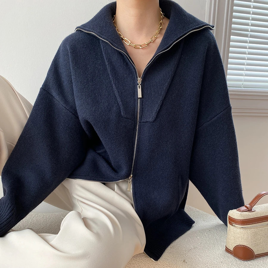 Autumn Winter Women's Knitted Sweater Fashion Personality High Quality Double Zip Cardigan Loose Oversized Lapel Jumper