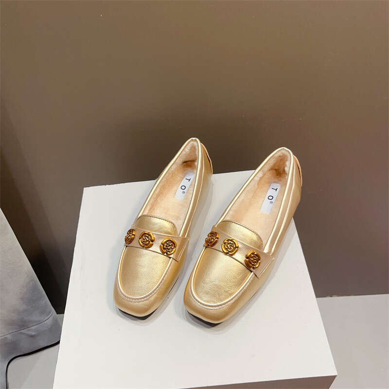 Feng Fang Tou Flat Single Women's Autumn And Winter Cotton Le Fu Mao Warm Large Soft Bottom Bean Shoes