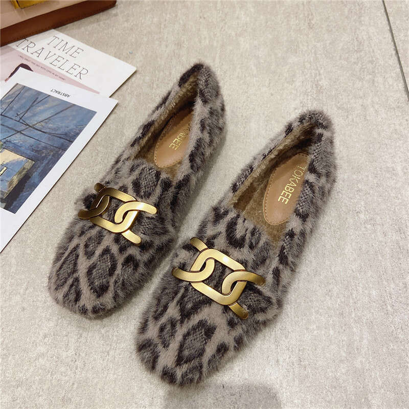 Hairy Women, 2023 Autumn Winter New Item, Wearing Warm And Velvet On One Foot, Bean Shoes, Leopard Print Mink Fur Cotton Shoes For Women