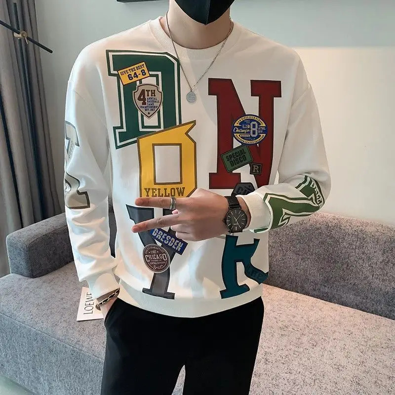 Fashion O-Neck Loose Printed Letter Sweatshirts Mens Clothing Autumn Winter Oversized Korean Tops Casual Sweatshirts 241104